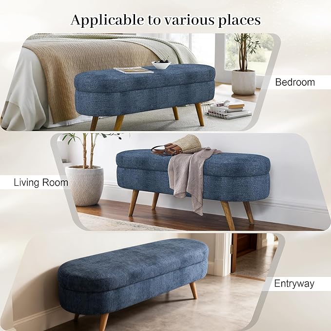 Storage Bench, 43" Storage Ottoman Bench, Shoe Storages Benches for Bedroom, Upholstered Entryway Benches with Seating, Rubber Wood Legs for Bedroom, Living Room, Entryway, Bed Side, Dark Blue