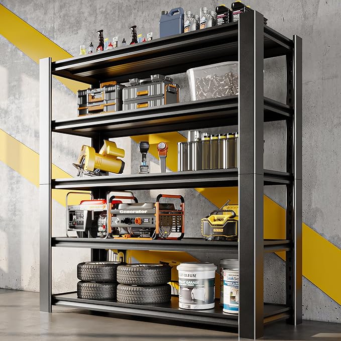 47.8" W Heavy Duty Garage Shelving 3000LBS Storage Shelves, Adjustable 5-Tier Storage Rack, Metal Shelves for Garage/Warehouse/Basement, 47.8" W x 19.8" D x 72" H, Black