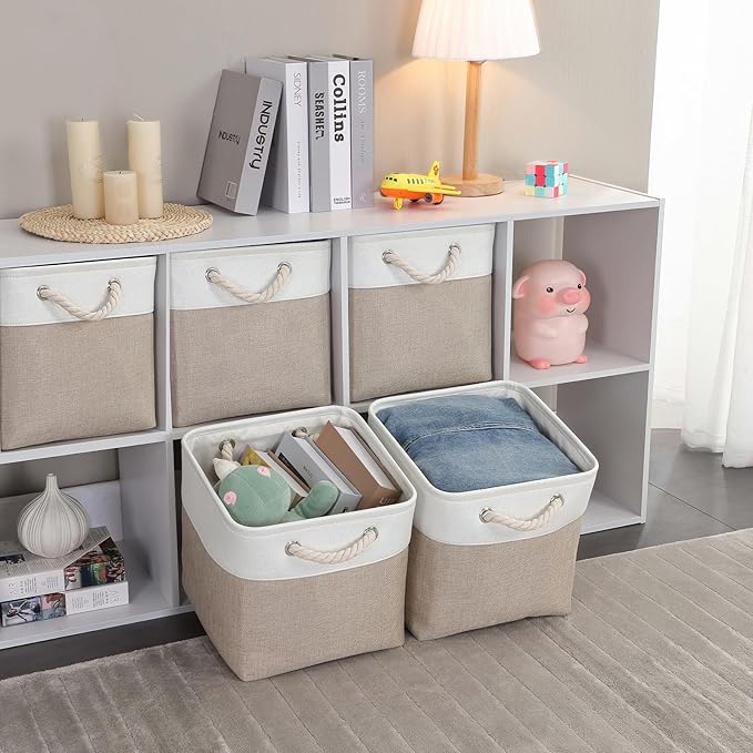 Mangata Canvas Storage Boxes, 11.8 Inch Cube Storage Bins Set of 6 for 12 Inch Cabinets, Fabric Baskets with Cotton Rope Handle for Organizing Clothes Nursery Home (Khaki/White)