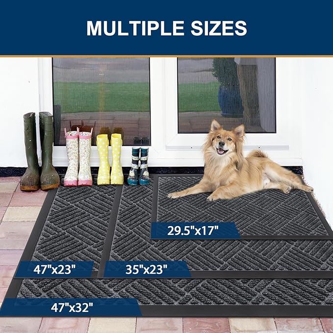 Smiry Front Door Mat Outside Entrance, Heavy Duty Outdoor Indoor Natural Rubber Doormat, Non Slip, Trap Dirt and Moisture, Easy Clean, Low Profile Patio Porch Entryway Mat, 29.5x17, Dark Grey