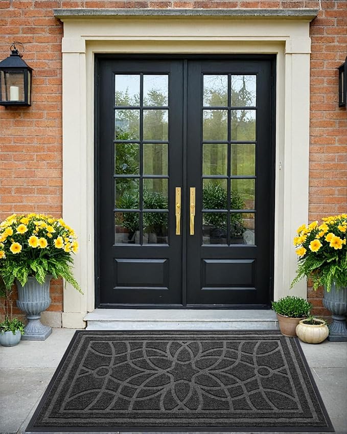 DEXI Front Door Mat Outside Entrance, Heavy Duty Non Slip Low Profile Doormat for Entryway, Trap Dirt and Moisture Welcome Mats, Easy Clean, Patio, Garage, 3x2, Grey