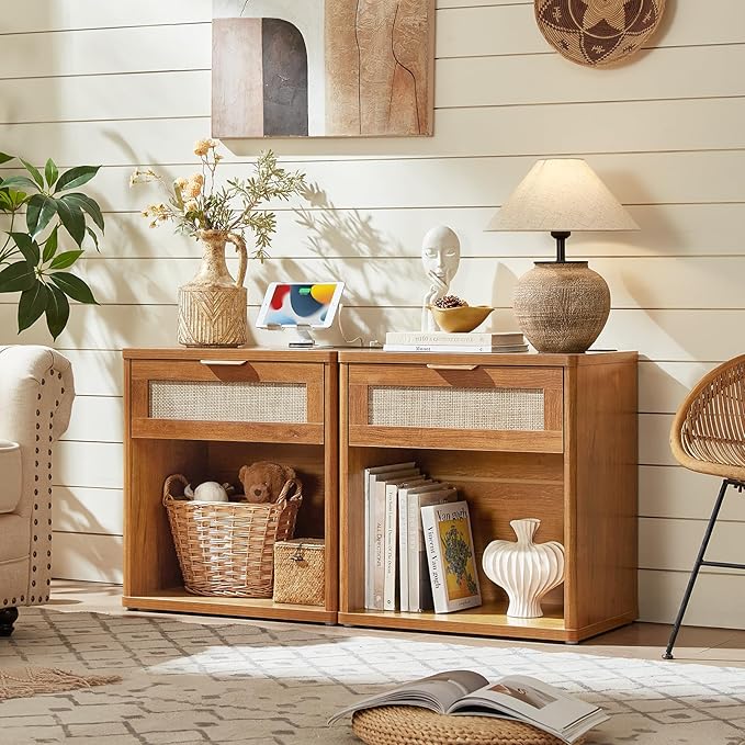 LEYAOYAO Rattan Nightstand with Charging Station, 23" Wide Boho Night Stand with Drawer, Natural Wood Bedside Table Open Storage Cabinet, Bed Side End Tables Dresser for Bedroom, Living Room, Hallway