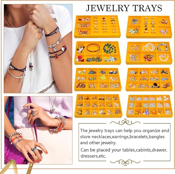 Set of 8 Stackable Velvet Jewelry Trays Organizer Jewelry Display Storage Box Dresser Drawer Organizer for Earring Necklace Bracelet Ring Accessary