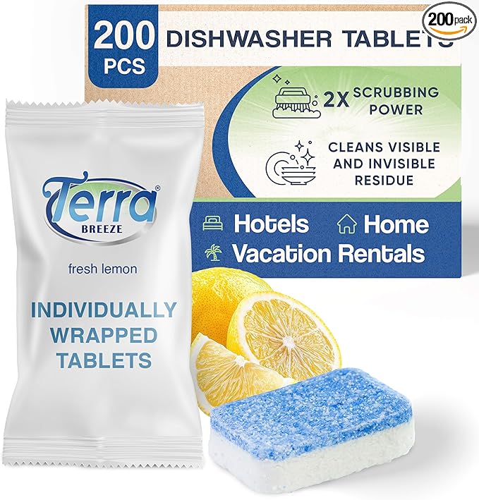 Individually Wrapped Dishwasher Tablets | Dishwasher Detergent | Dish Soap Pods | Fresh Lemon Scent | Deep Clean for Dishes | 200 Count Bulk for Vacation Rentals and Extended Stay Hotels