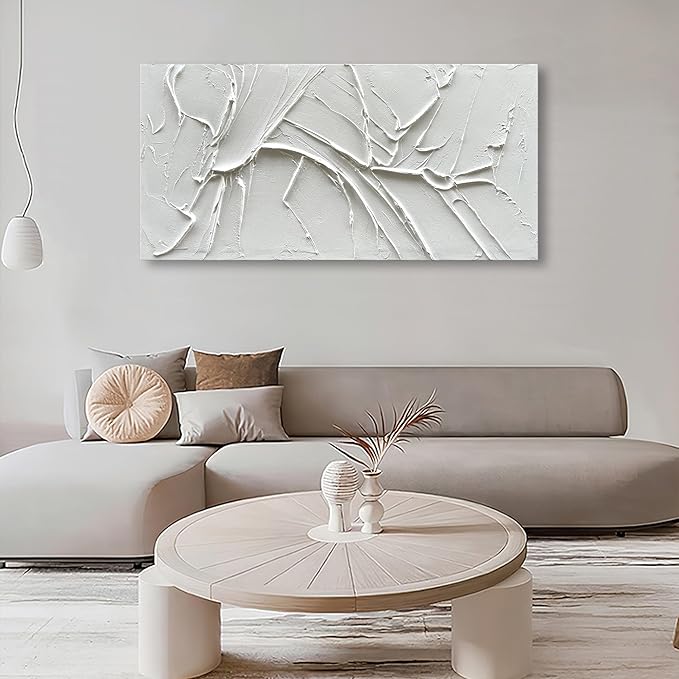 NANKAI Hand-Painted Thick Texture White Minimalist Oil Painting 24x48 Inches Contemporary Abstract Art Oil Painting, Home, Office Wall Decoration Art