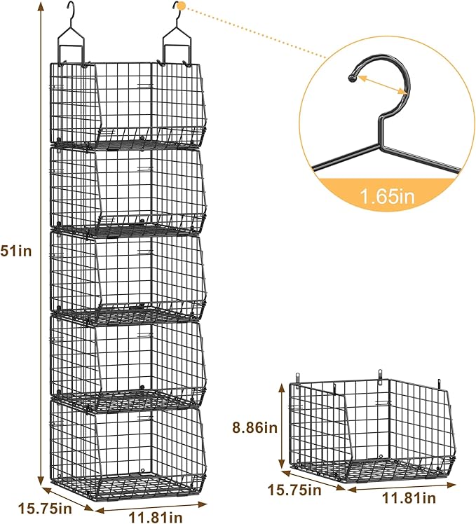 Deeper 4'' Design 5 Tier Foldable Hanging Closet Organizer and Storage，Wire Cabinet Shelves and Rack with 5 S Hooks,Stackable Metal Basket Bins for Clothes Shoe Purse,Holder for Wardrobe Dorm,Black