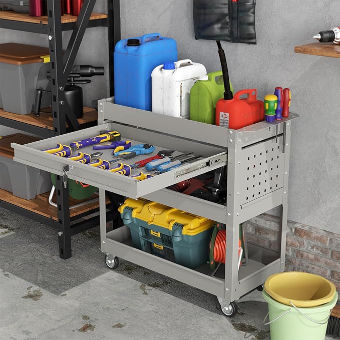 3 Tier Rolling Tool Cart on Wheels, Heavy-Duty Utility Cart Service Cart with Locked Drawers for Garage, Warehouse, Repair Shop, Workshop…