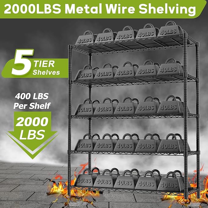 Storage Shelves, 4 PCS 48" L x 20" W x 72" H Heavy Duty Garage Wire Shelving Unit Loads 2000LBS, 5-Tier Adjustable Metal Industrial Utility Shelf Rack for Kitchen, Laundry Room, Basement