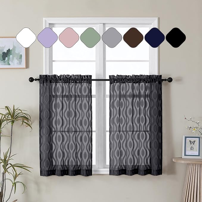 Aiyufeng Black Sheer Curtains Tiers 36 Inch Length 2 Panels Set, Airy Lightweight Clip Jacquard Small Window Curtains, Modern Wavy Line Textured Voile Sheer Curtains for Small Windows, 40"Wx36"L Inch