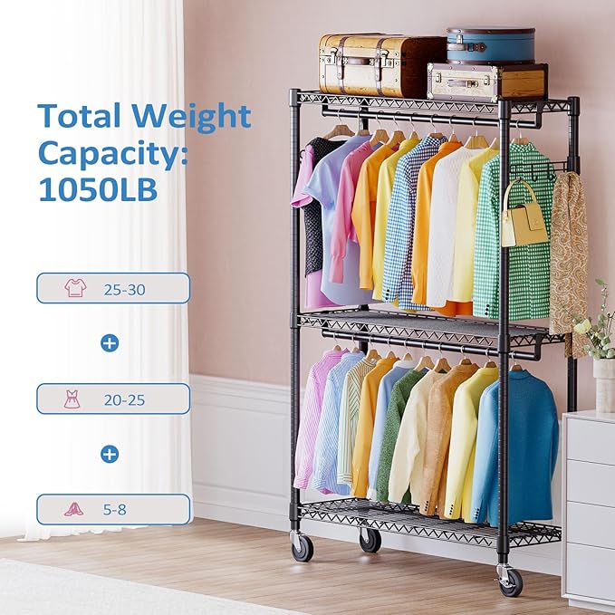 IZEUK 3 Tier Heavy Duty Rolling Garment Rack Wire Clothes Rack for Hanging Clothes, Metal Freestanding Closet Wardrobe Rack with Double Rods and Side Hooks Black 15.7" D x 45.3" W x 79.6" H