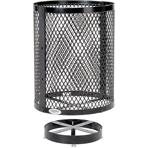 Global Industrial Outdoor Diamond Steel Trash Can with Rain Bonnet Lid, Raised Base and Plastic Liner, 36 Gallon Capacity, Black, Thermoplastic Coating, 23-1/2" Diameter, 43-1/2"H