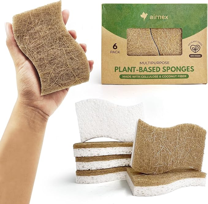 Biodegradable Natural Kitchen Sponge - Compostable Cellulose and Coconut Walnut Scrubber Sponge (6 Pack)