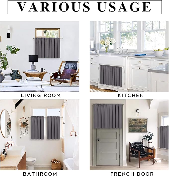 RYB HOME Short Curtains Half Window Curtains for Bedroom, Privacy Blackout Energy Saving Drapes for Living Room Bathroom Shades, Wide 29 x Long 24 inches per Panel, Grey, 2 Pcs