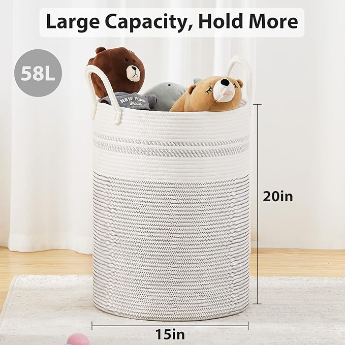 Fiona's magic 58L Woven Rope Laundry Hamper, Tall Boho Laundry Basket Storage, Large Baby Nursery Hamper for Blankets, Toys and Clothes Hamper for Bedroom and Living Room Organizing, Jute, White