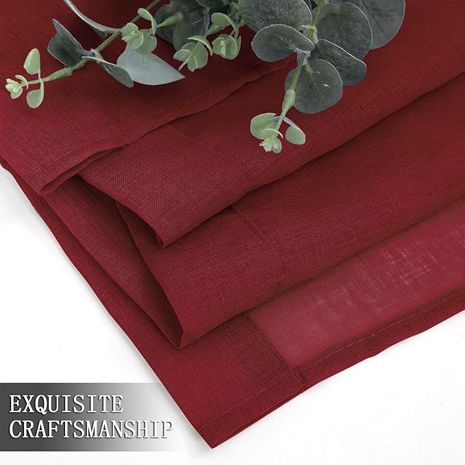 Tollpiz Short Sheer Curtain Linen Textured Living Room Curtains Sheer Light Filtering Rod Pocket Voile Curtain for Bedroom, 42 x 54 inches Long, Burgundy Red, Set of 2 Panels
