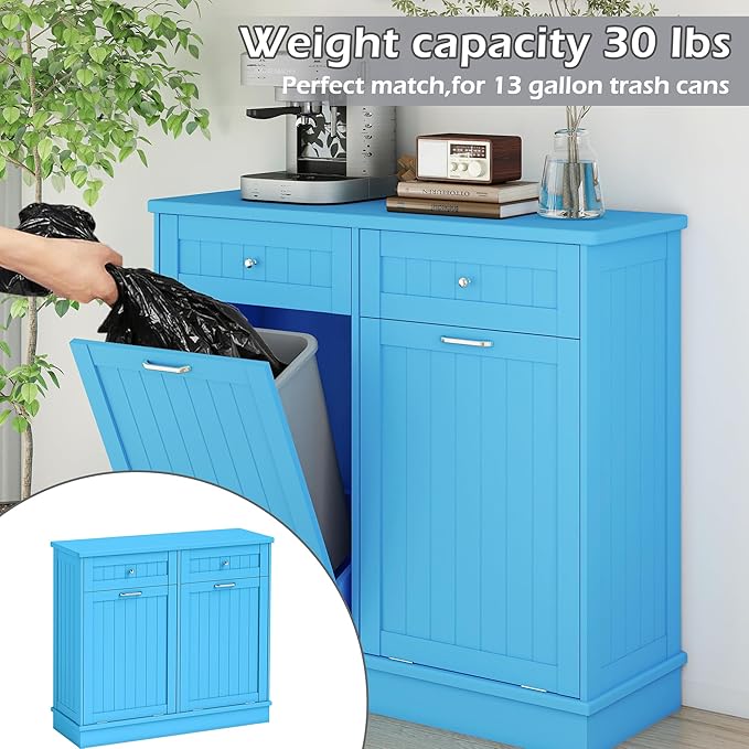 Betterhood Tilt Out Trash Cabinet 10 Gallon Wooden Free Standing Laundry Sorter Cabinet,Recycling Cabinet with Hideaway Drawer,Tilt Out Trash Cabinet Can Bin Kitchen (Double Light Blue, Double Door)