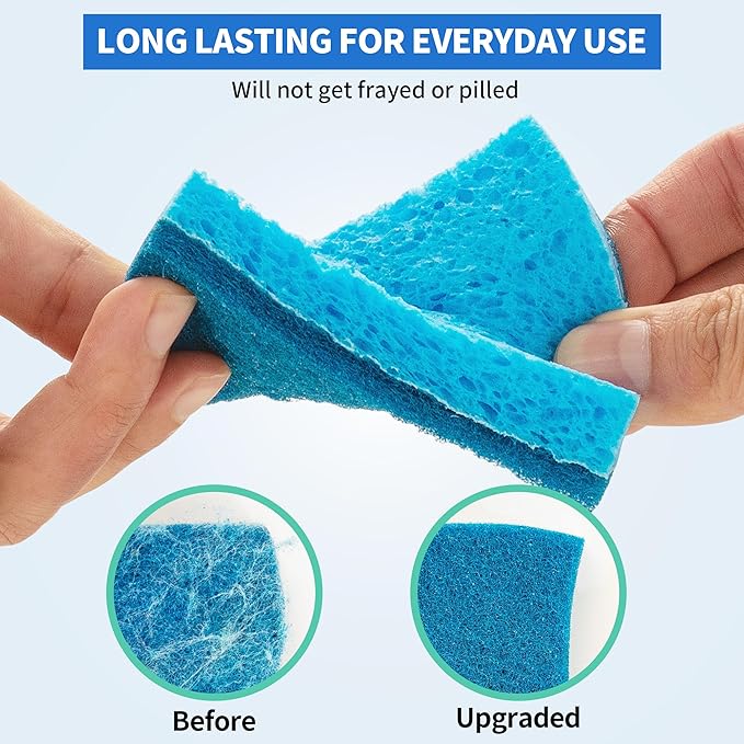 HOMERHYME Non-Scratch Cellulose Scrub Sponges 12 Pack, Sponges Kitchen with Double-Side & Ergonomic Design for Dishes, Coated Cookware, Sink & Countertops.