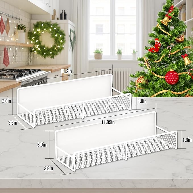 2 Pack Magnetic Spice Rack for Refrigerator, White Magnetic Shelf with 4 Removable Hooks, Rustproof Magnetic Shelf for Fridge, Oven, Condiments, Oils, Seasoning Spice Organizer