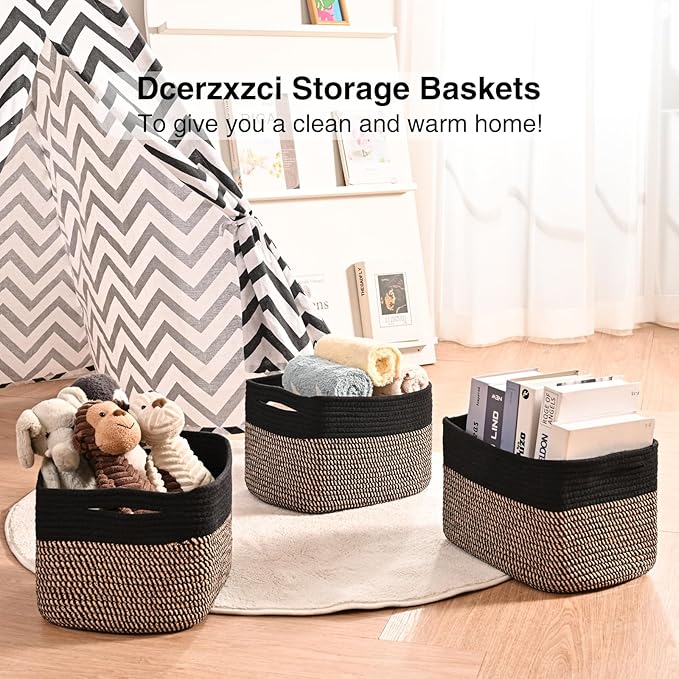 Small Storage Baskets for Organizing Shelves, Cotton Rope Basket for Storage, Cute Rectangular Book Toy Basket, 12.7"×9.1"×7.9", 4 Packs, Black & Jute