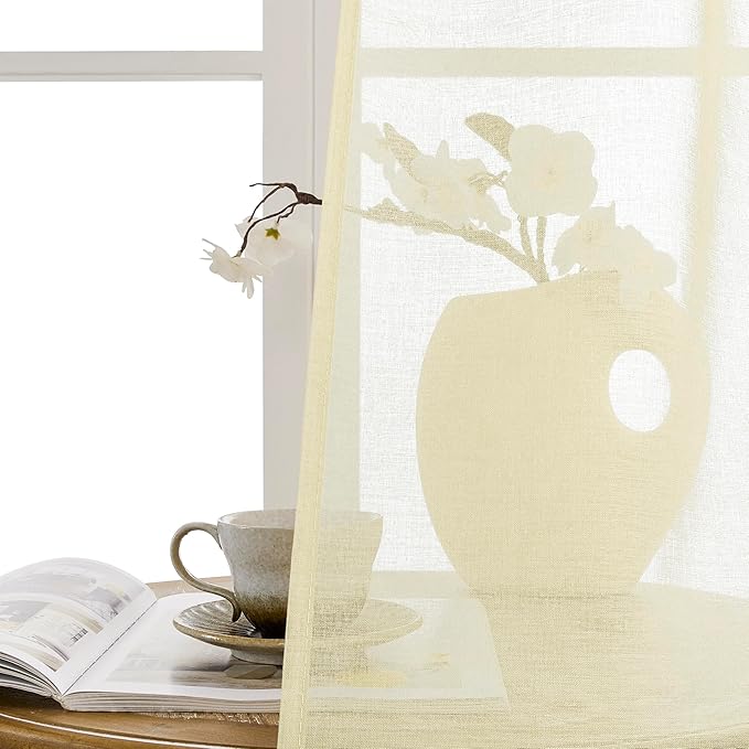 Tollpiz Sheer Door Curtains Closet Linen Textured Curtain Sheers Doorway Light Filtering Voile French Door Rod Pocket Curtains Patio Door, 54 x 63 inches Long, Transparent Yellow, Set of 1 Panel