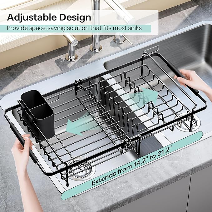 Dish Drying Rack in Sink - Expandable (14.5''-18''L) Over The Sink Dish Rack with Utensil Holder, Space-Saving Dish Drainer for Kitchen Counter, 1 Piece, Matte Black