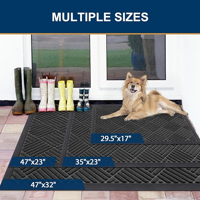 Smiry Front Door Mat Outside Entrance, Heavy Duty Outdoor Indoor Natural Rubber Doormat, Non Slip, Trap Dirt and Moisture, Easy Clean, Low Profile Patio Porch Entryway Mat, 59x35, Black