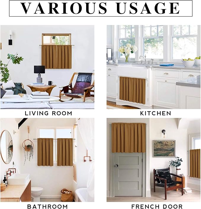 RYB HOME Bathroom Window Curtains - Blackout Curtains Small Window Short Drapes for Kitchen Bedroom Living Room Kids Nursery Room RV, W 42 x L 36 inch per Panel, Gold Brown, 2 Pcs
