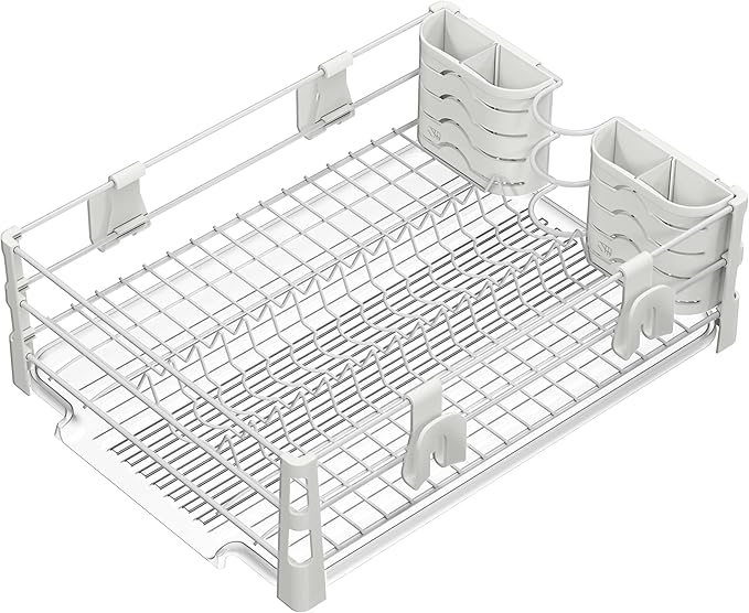 SIMPLE HOUSEWARE White Dish Drying Rack with Drainboard, Utensil Holder & Mug Hooks – Metal Kitchen Counter Organizer