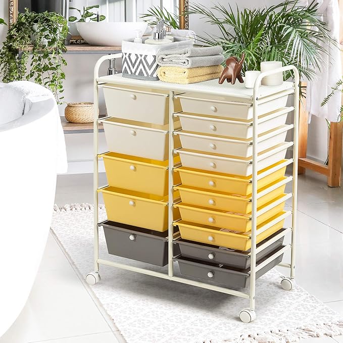 GOFLAME 15-Drawer Rolling Storage Cart, Multipurpose Movable Organizer, Utility Cart for Home, Office, School, Yellow