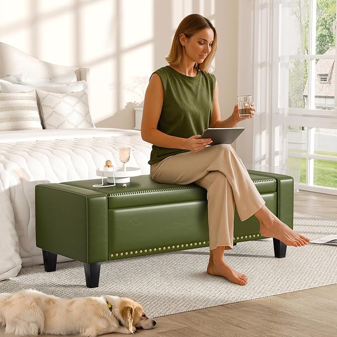 48.8" Storage Ottoman Bench Green | Faux Leather Bedroom Bench with Lift Top for Living Room & Bed End