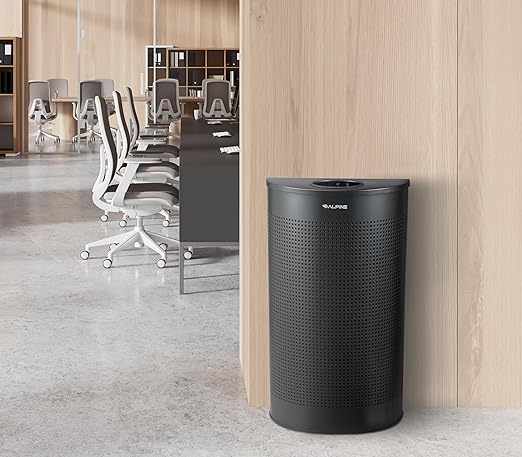 Alpine Half Round Trash Can Open Top - Modern Black Metal 12 Gallon, Space Saving Indoor Commercial Trash Can, Narrow Garbage Can for Bathroom, Office, Lobby and Business.