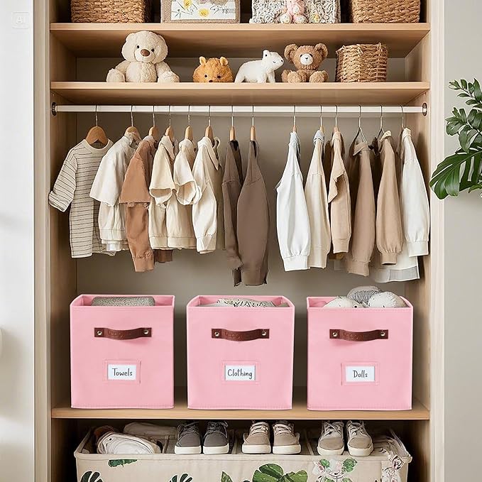 DECOMOMO Storage Baskets, 13x15x13 Storage Cube Bins with Labels for Organizing Shelves Kallax (Kallax / 4pcs, Pink)