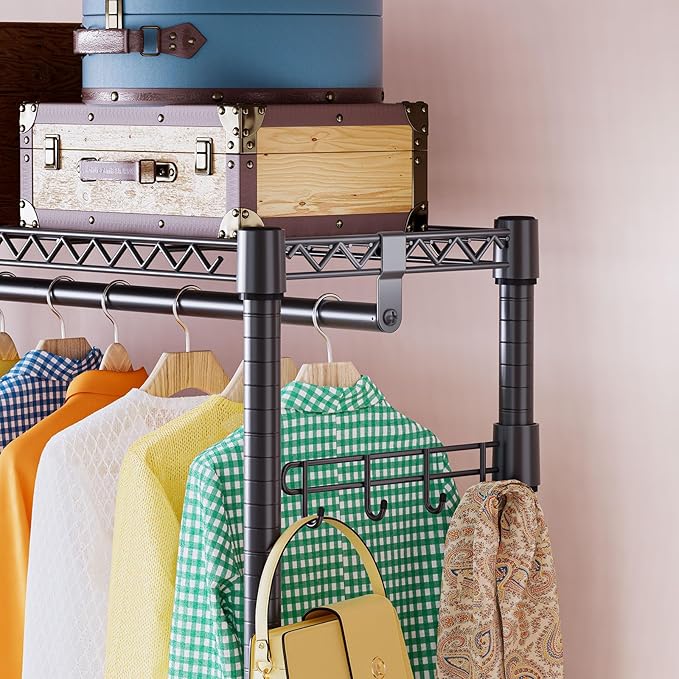 IZEUK 3 Tier Heavy Duty Rolling Garment Rack Wire Clothes Rack for Hanging Clothes, Metal Freestanding Closet Wardrobe Rack with Double Rods and Side Hooks Black 15.7" D x 45.3" W x 79.6" H