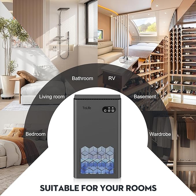 ToLife Dehumidifier for Home, 1000 sq.ft Dehumidifiers for Basement Bedroom Bathroom with 95 OZ Water Tank, Auto Shut Off 7 Colors LED Light, Grey