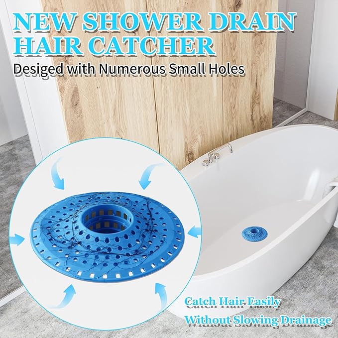 Shower Hair Drain Catcher, Silicone Bathtub Drain Hair Catcher Strainer, All-in-one Tub Hair Catcher Drain Protector for 1.48'' to 1.76'' Regular Drains, 3PCS/Blue