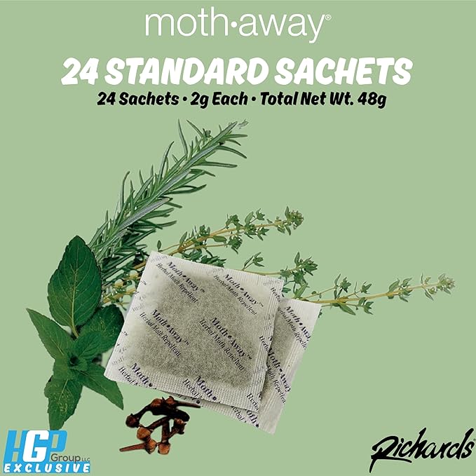 Richards Homewares Moth Away Sachets – 24-Pack Natural Herbal Moth Repellent, Non-Toxic & Chemical-Free, Fresh Scent for Drawers, Closets & Storage Bins – Made in USA