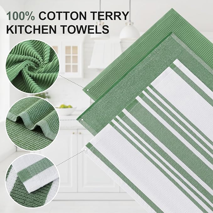 Homaxy Premium Kitchen Towels(18”x 28”, 12 Pack), Large Cotton 380 GSM Kitchen Hand Towels, Soft and Absorbent Terry Dish Towels, Multipurpose Tea Towel Set with Hanging Loop, Grass Green