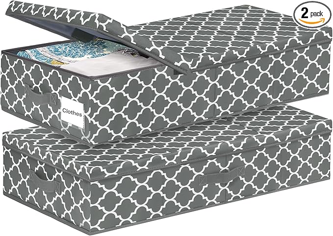 punemi Under Bed Storage Containers Bins With Lids, 6 Inches Tall Flat Underbed Clothes Storage W/Sturdy Sidewalls & Bottom, Low Profile Under Dorm Bed Storage Drawers With 3 Handles (Lantern Pattern)