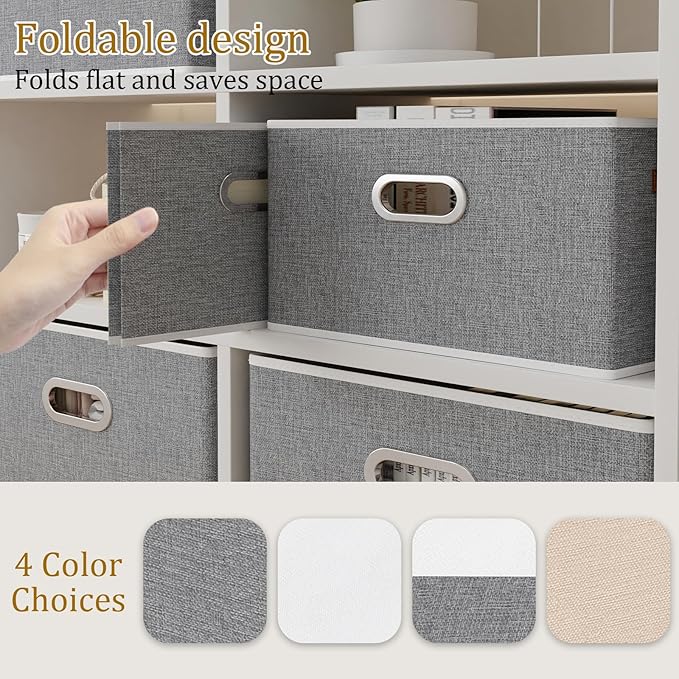 Yawinhe Foldable Storage Baskets for Shelves, Fabric Closet Organizers, Bins with 3 Handles, Cubes for Clothes, Grey, 15''Lx9.8''Wx8.3''H, 6-Pack