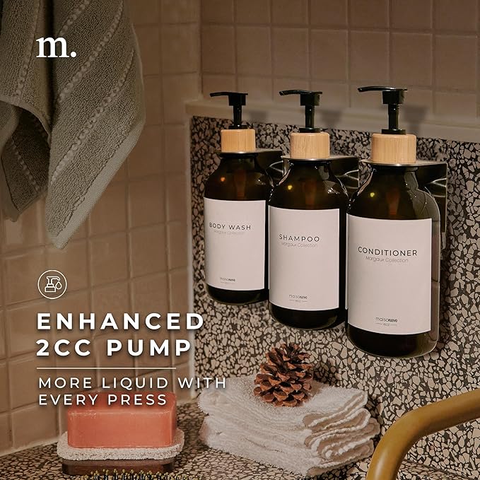MaisoNovo Shampoo and Conditioner Dispenser - Shower Soap Dispenser Wall Mounted - 16.9 fl oz Set of 3 Amber Plastic Bottles Black Bamboo Pump - Shampoo Dispenser, Shower Dispenser 3 Chamber No Drill