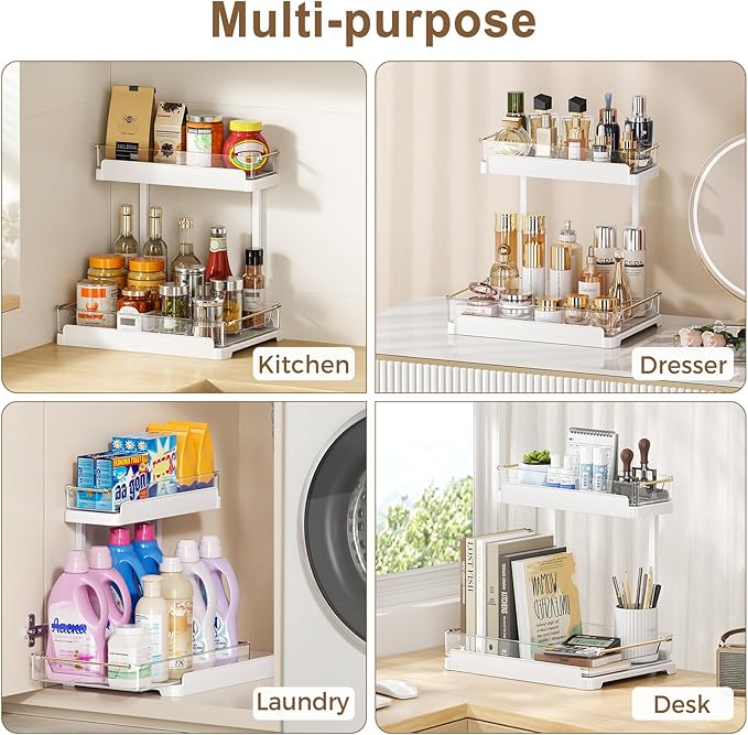 heart & home 1-Pack Under Sink Storage Organizer for Kitchen & Bathroom Cabinets with Removable Washable Tray, Tool-Free Assembly – Multi-Purpose for Kitchen Countertop, Vanity, & Laundry Room，White