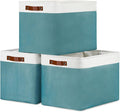 DULLEMELO Large Storage Basket, Collapsible Storage Bins Decorative Storage Baskets for Home Shelves Bedroom, Linen Fabric Basket with Leather Handles for Toys Books Organizing(White&Teal