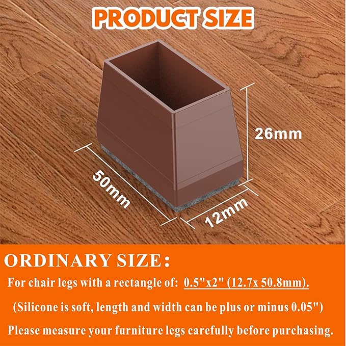 Rectangle Chair Leg Protectors for Hardwood Floors,16 PCS Silicone Covers to Protect Wood Tile Floors Felt Pads Furniture Leg Caps Reduce Noise. Easy to Move.(Brown,0.5 x 2 Inch,Rectangle)