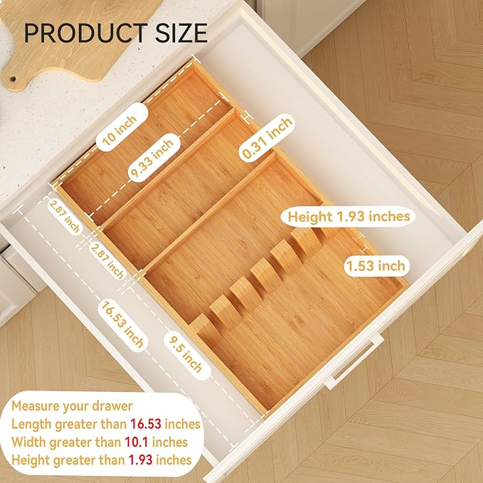 Yofidra Pure Bamboo Silverware Drawer Organizer: 16.53" Lx10 Wx1.93 H Large Silverware Utensil Tray Holder, 3-Compartment with 6 Card Slots Kitchen Flatware Organizer for Spoons Forks Knives