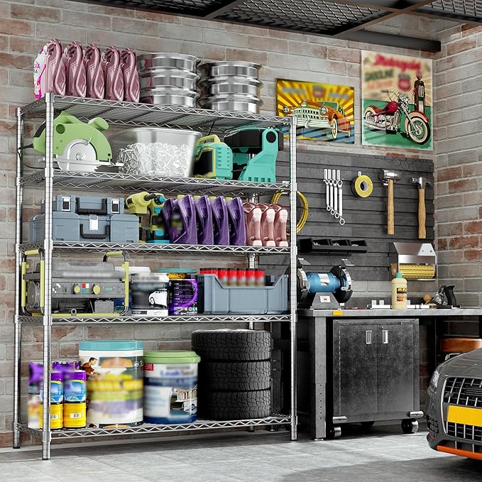 Storage Shelves, 48" L x 20" W x 72" H Heavy Duty Garage Wire Shelving Unit Loads 2000LBS, 5-Tier Adjustable Metal Industrial Utility Shelf Rack for Kitchen, Laundry Room, Basement