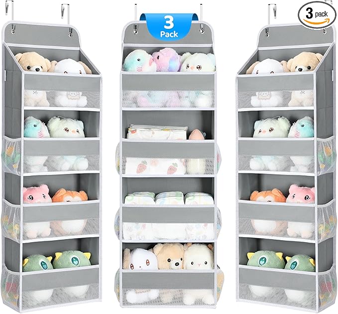 Yecaye 3 Pack 4-Tier Over The Door Organizer - Foldable Portable Baby Essentials for Stuffed Animal Storage - Multi-Purpose Bathroom Closet Organizers and Storage for Kids Newborn Baby Stuff Gray