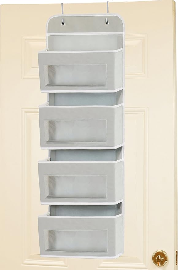 Simple Houseware 4 Clear Window Pocket Over Closet Door Storage Hanging Organizer for Bedroom, Bathroom, Pantry, Gray
