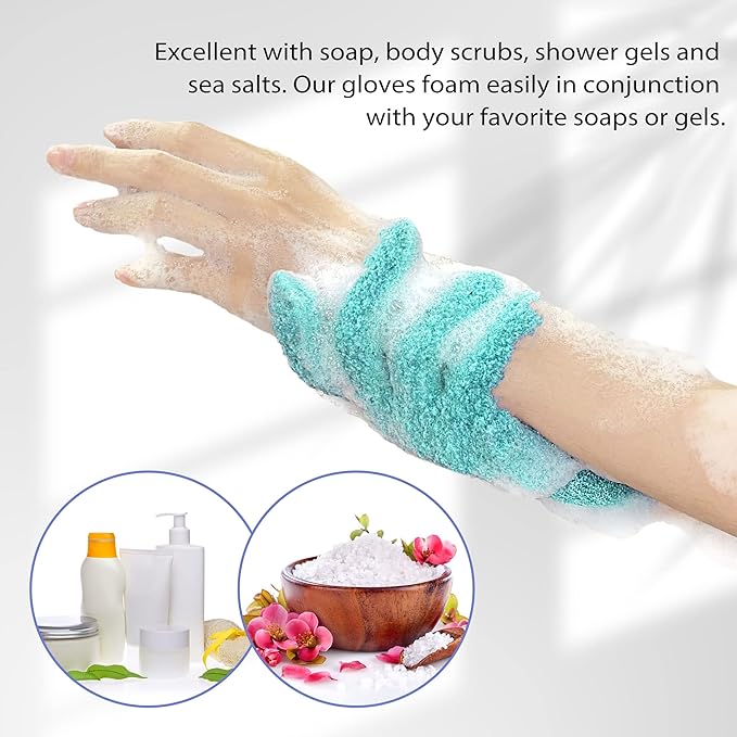 Evridwear Exfoliating Gloves for Shower, 100% Nylon Thick Soft Medium Heavy Bathing Gloves Dead Skin Remover Body Scrubber Smooth Skin with Hang Loop, Angel Blue