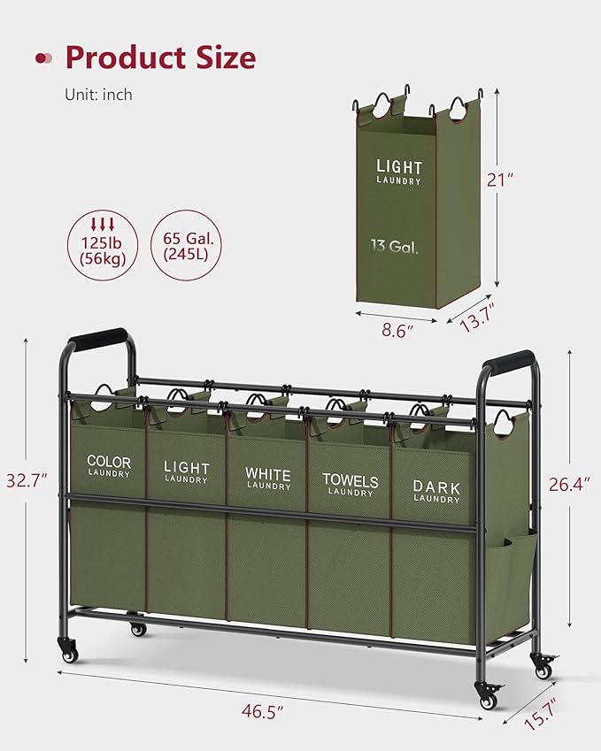 Tajsoon 5 Sections Laundry Sorter, Laundry Hamper with Heavy Duty Lockable Wheels and Removable Bags, 5 Bag Laundry Sorter Cart for Dirty Clothes Storage, Laundry Separator Hamper, Green