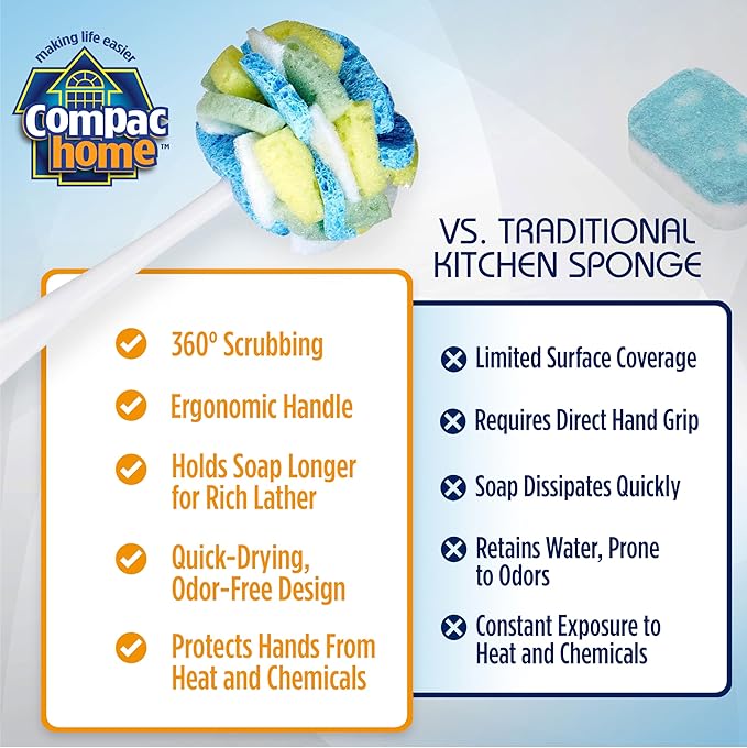 Compac Home Dish Wand Plus Cello, Foam & Scour Sponge Petals Brush and Clean Dishes, Pots, Bottles, & Glassware, 2 Count